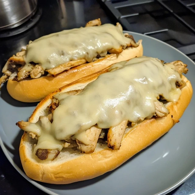 A plate of Chicken Philly Cheesesteak sandwich served with crispy fries, garnished with fresh parsley for a complete meal.