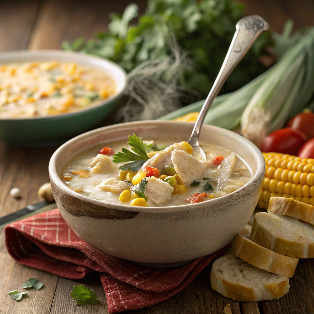 Crockpot Chicken Corn Chowder ingredients laid out on a wooden counter