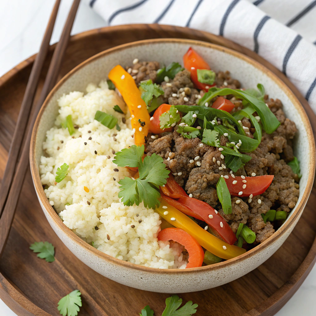 Asian Ground Beef & Cauliflower Rice Bowl
