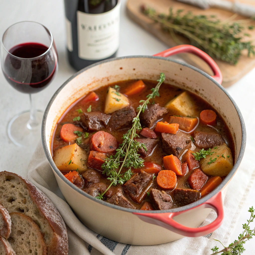 Dutch Oven Beef Stew with Red Wine and Herbs