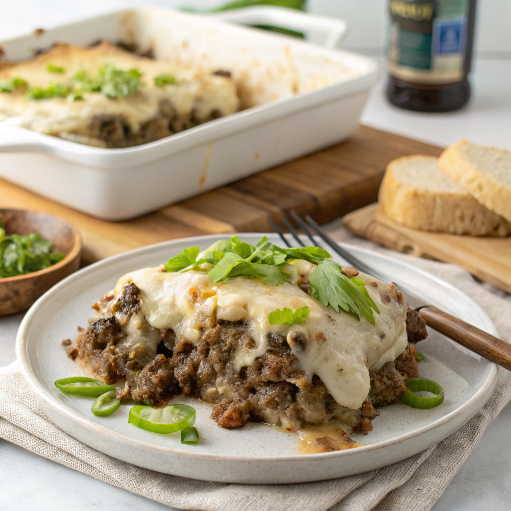 Philly Cheesesteak Ground Beef Casserole