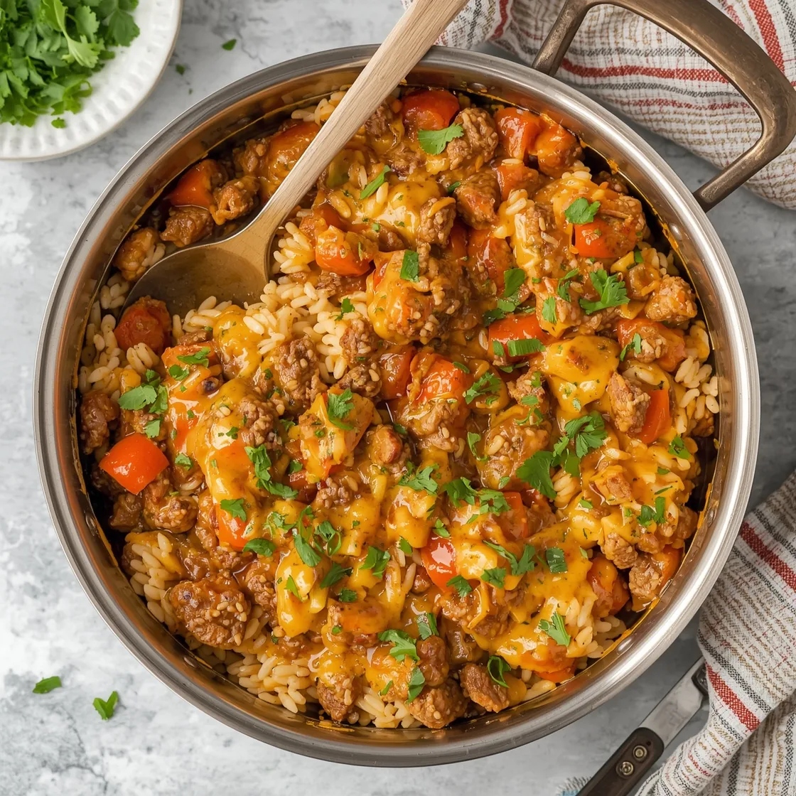 Cheesy Ground Beef and Rice Skillet