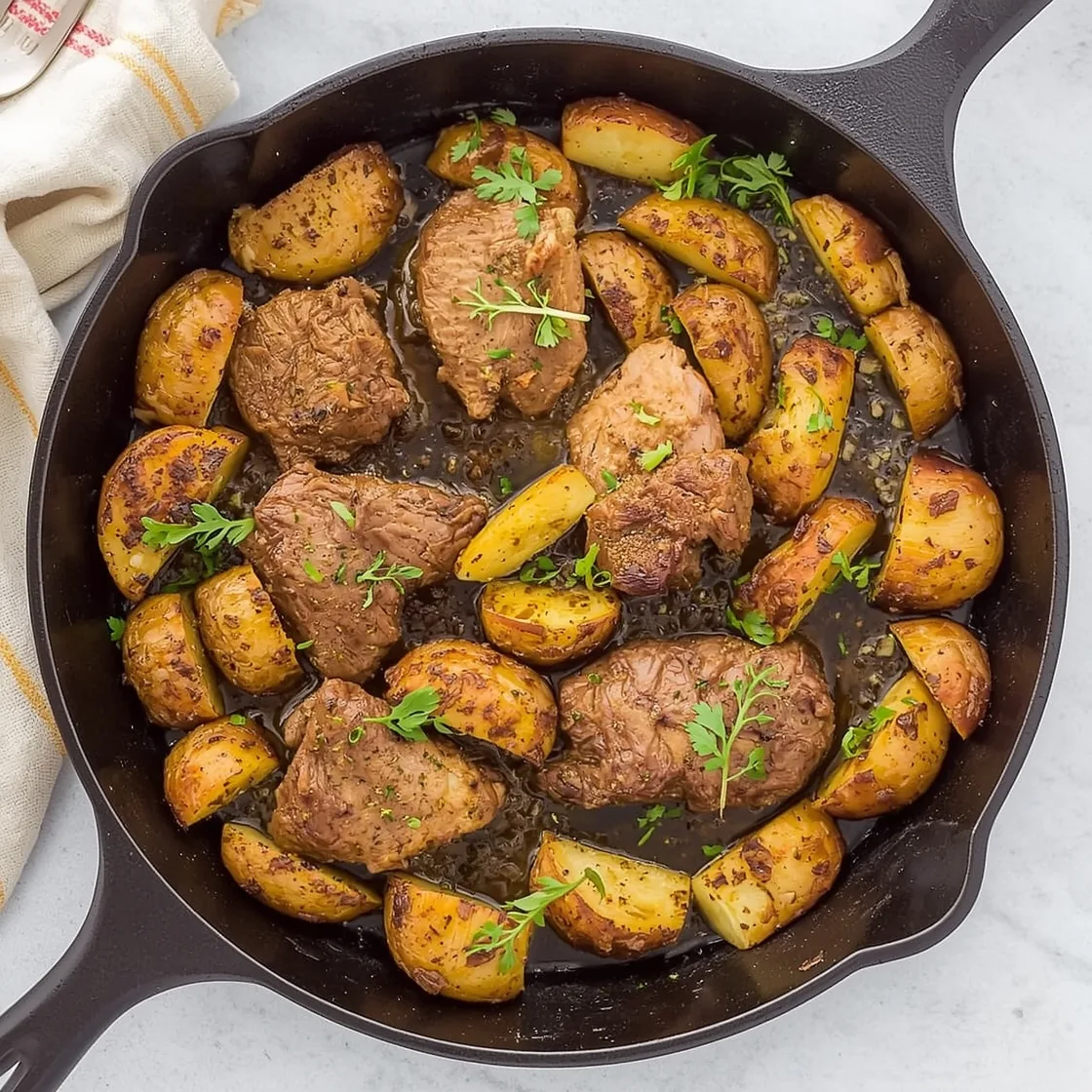 Garlic Butter Steak Bites and Potatoes Skillet