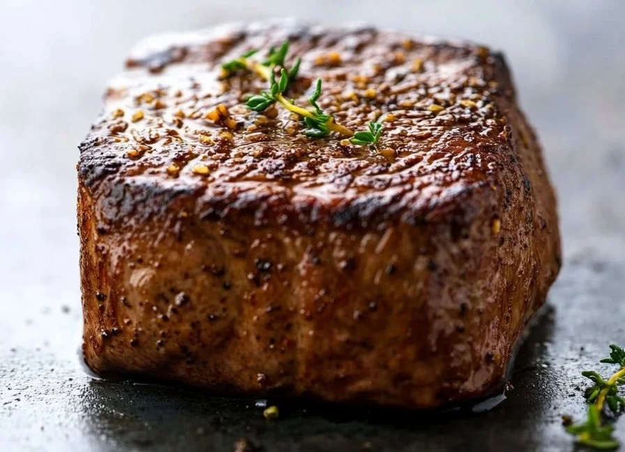 Air fryer sirloin steak cooked to perfection with herbs and spices.