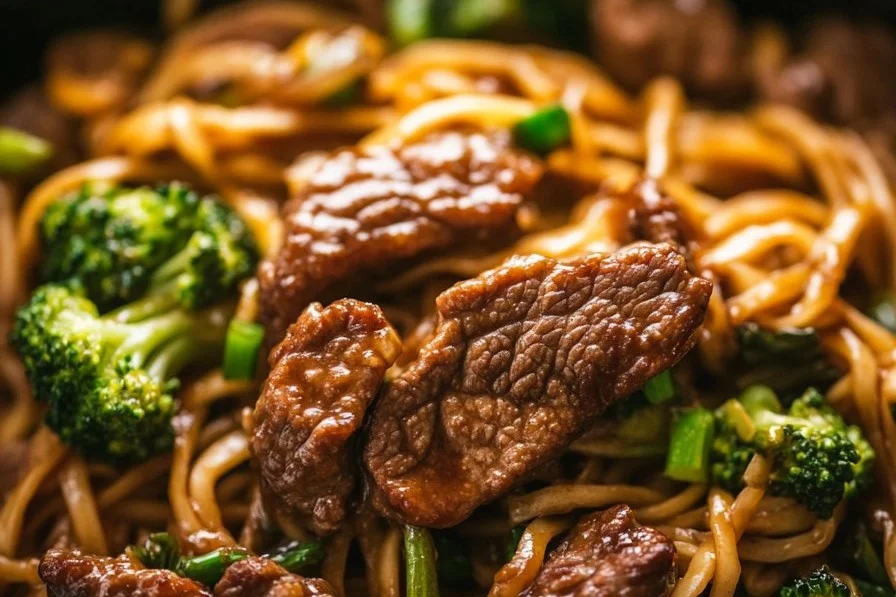 Delicious Beef and Broccoli Lo Mein dish served in a bowl