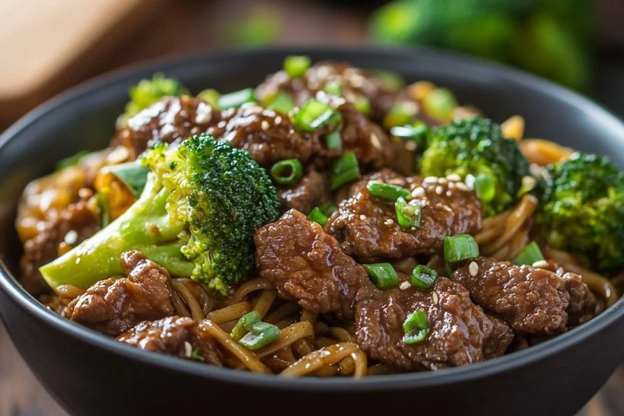 Delicious plate of Beef and Broccoli Noodles with vibrant vegetables.