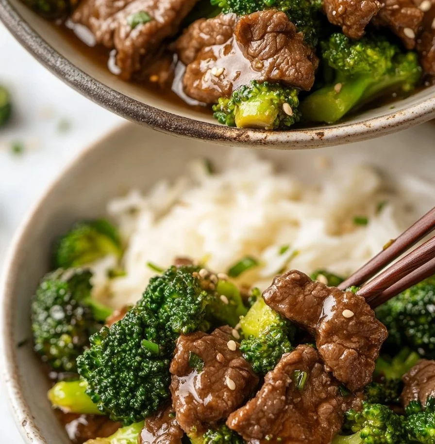 Beef and broccoli stir-fry on a plate, garnished with sesame seeds and green onions.