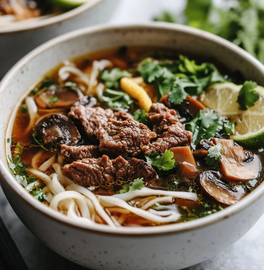 Bowl of beef and lemongrass noodle soup with mushrooms, a Vietnamese dish