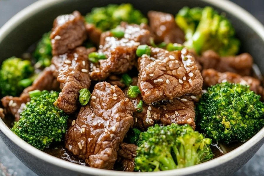 Plate of beef broccoli served with rice, showcasing tender beef and fresh broccoli.