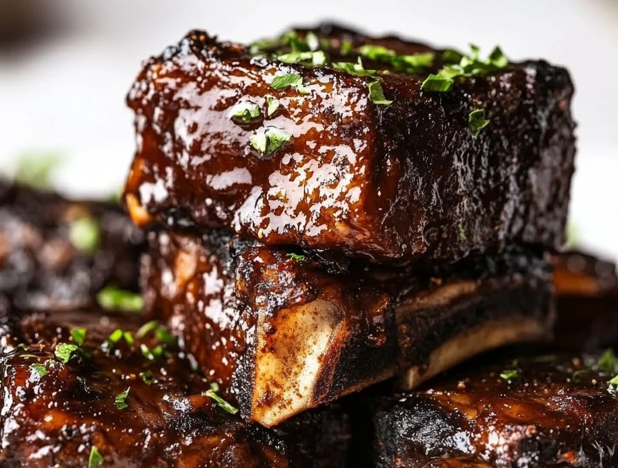 Delicious and tender beef short ribs served with vegetables