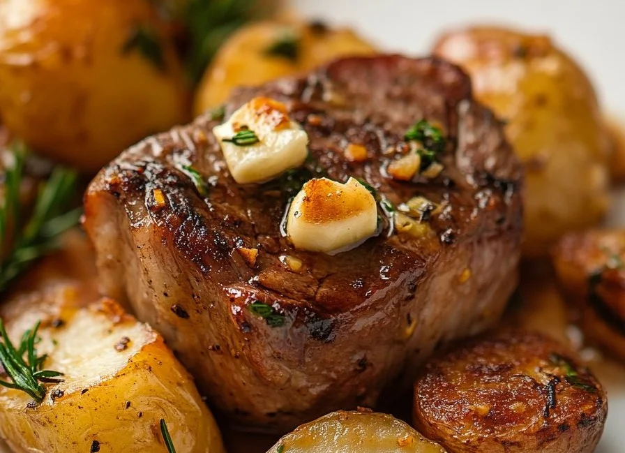 Delicious Beef Sirloin Tip Steak served with butter garlic potatoes.