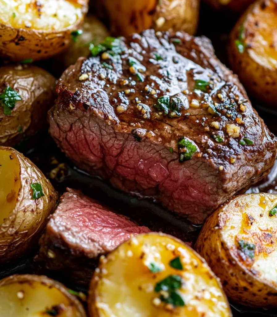 Juicy beef sirloin tip steak served with butter garlic potatoes on a plate.