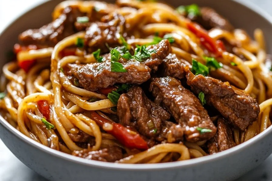 Beef stir fry with linguini, colorful vegetables, and a delicious sauce