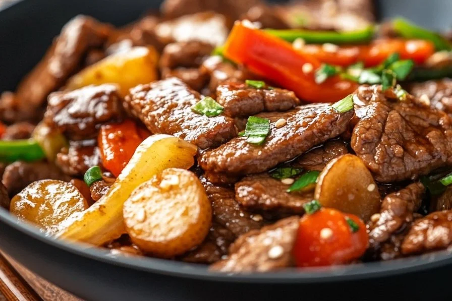 Delicious beef stir fry with colorful vegetables served in a bowl