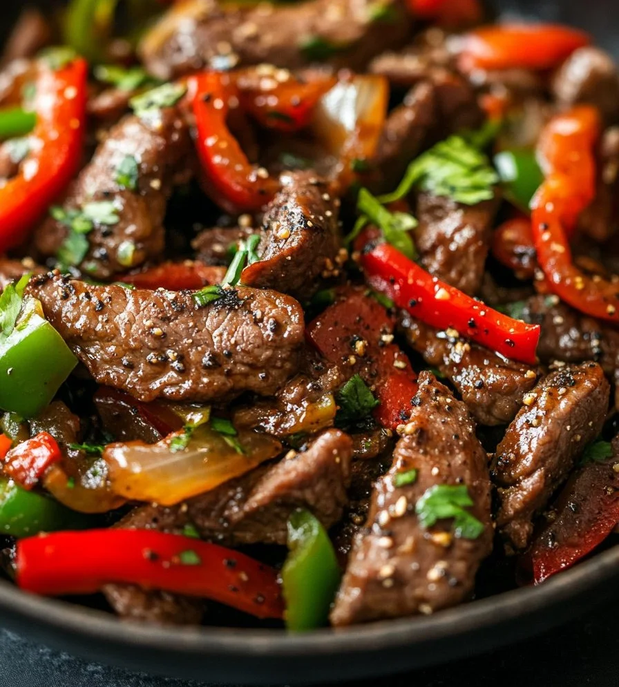 Delicious Black Pepper Beef stir fry served with vegetables and rice