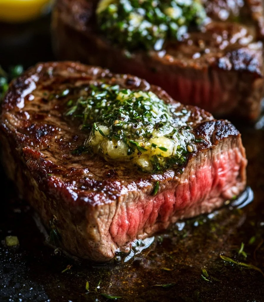 Delicious broiled steak served with lemon herb butter on a plate