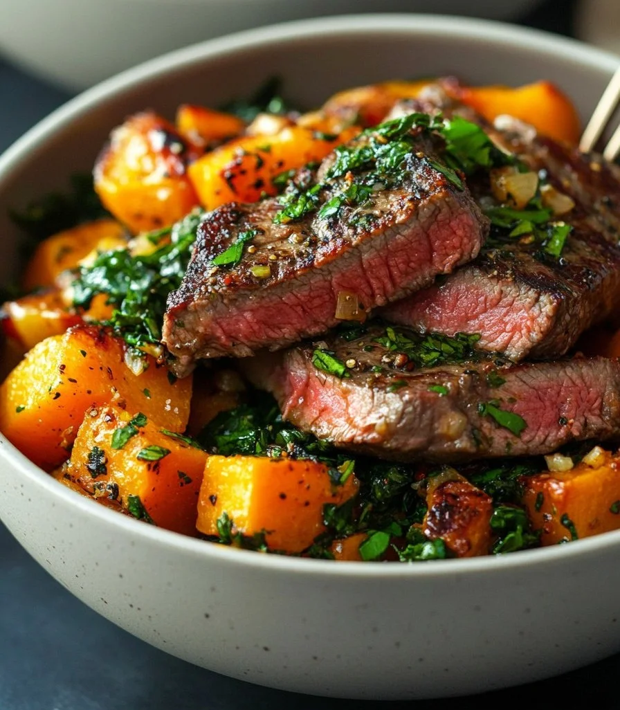 Butternut squash and garlic herb steak bowls garnished and ready to serve