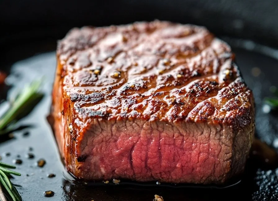 Perfectly cooked cast iron pan-seared steak ready to be served