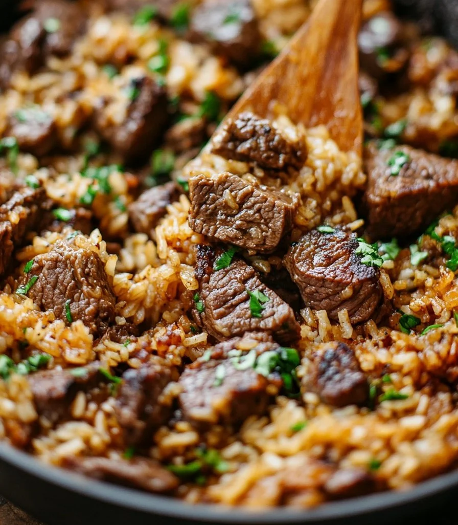 Cheesy Steak and Rice Skillet with melted cheese and tender steak