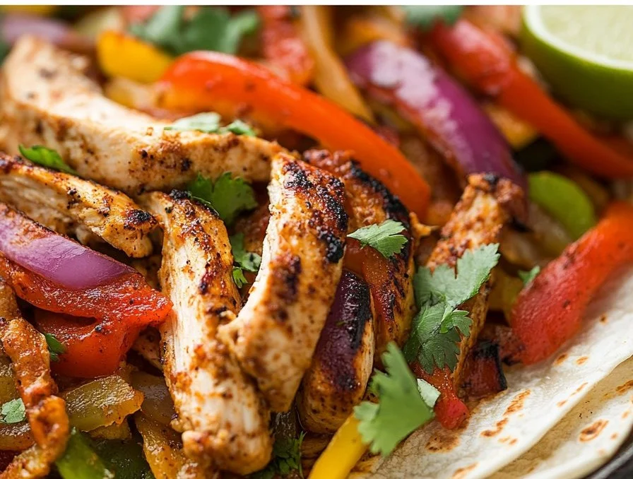 Sizzling Chicken Fajitas served with peppers and onions