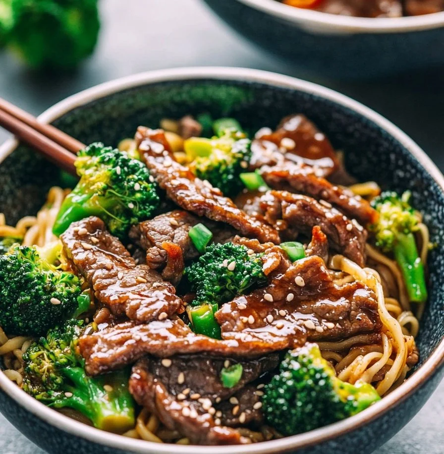 Plate of Chinese Crispy Beef & Broccoli Noodles