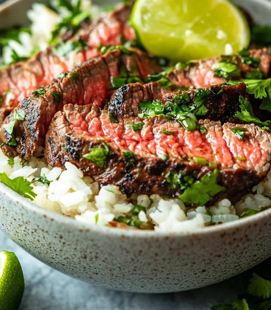 Delicious cilantro lime steak and rice bowls garnished with fresh herbs