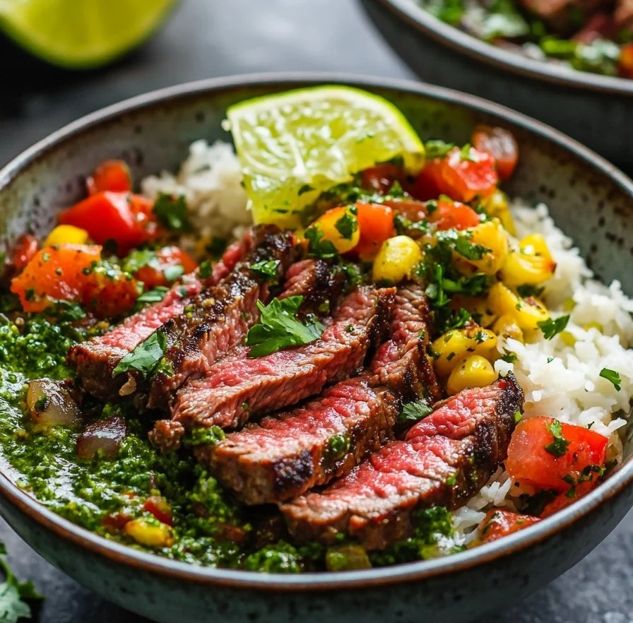 Delicious cilantro lime steak bowls topped with fresh ingredients