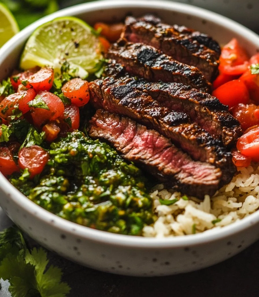 Cilantro lime steak bowls topped with fresh ingredients and lime wedges