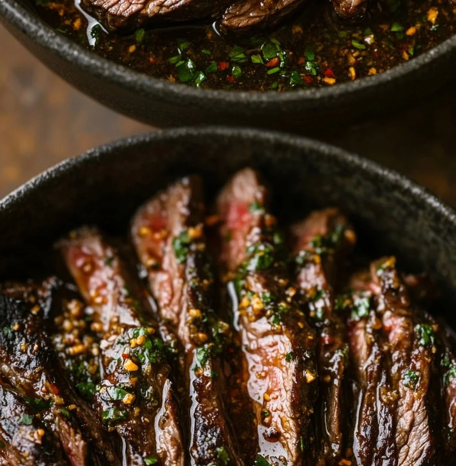 Deliciously marinated Citrus Skirt Steak ready to be grilled.