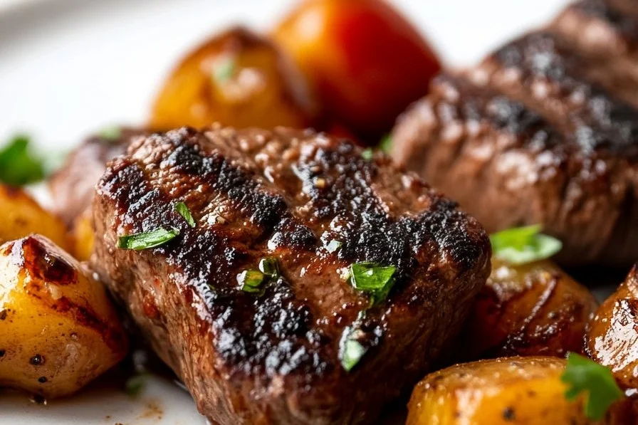 Delicious cowboy butter steak bites garnished and served for a mouthwatering treat.