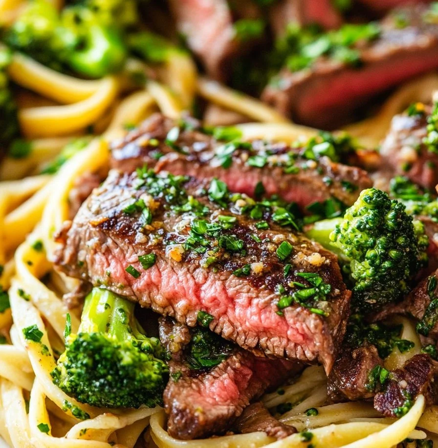 Delicious Cowboy Butter Steak served with broccoli linguine on a plate.