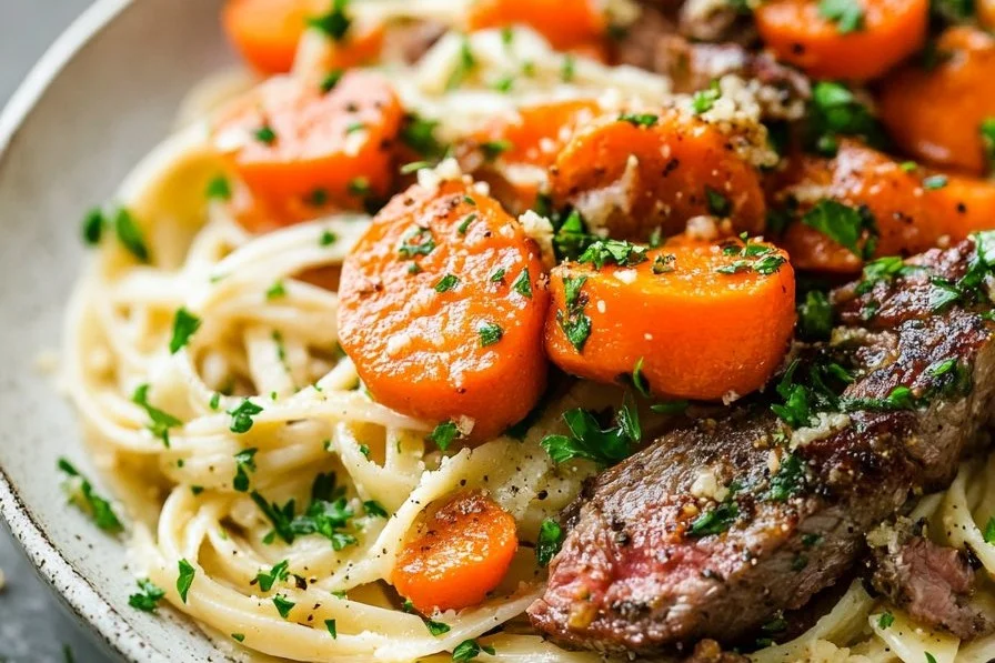 Delicious Cowboy Butter Steak Linguine served with roasted carrots and parsley