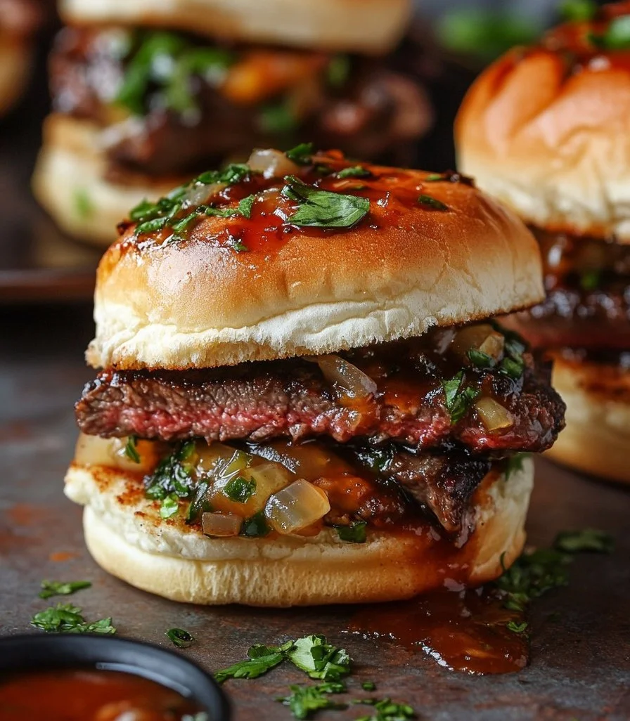 Delicious Cowboy Butter Steak Sliders served on a wooden platter.
