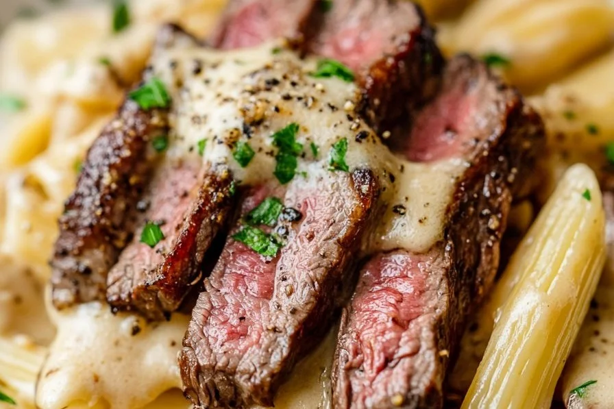 Delicious creamy cowboy butter steak pasta garnished with herbs
