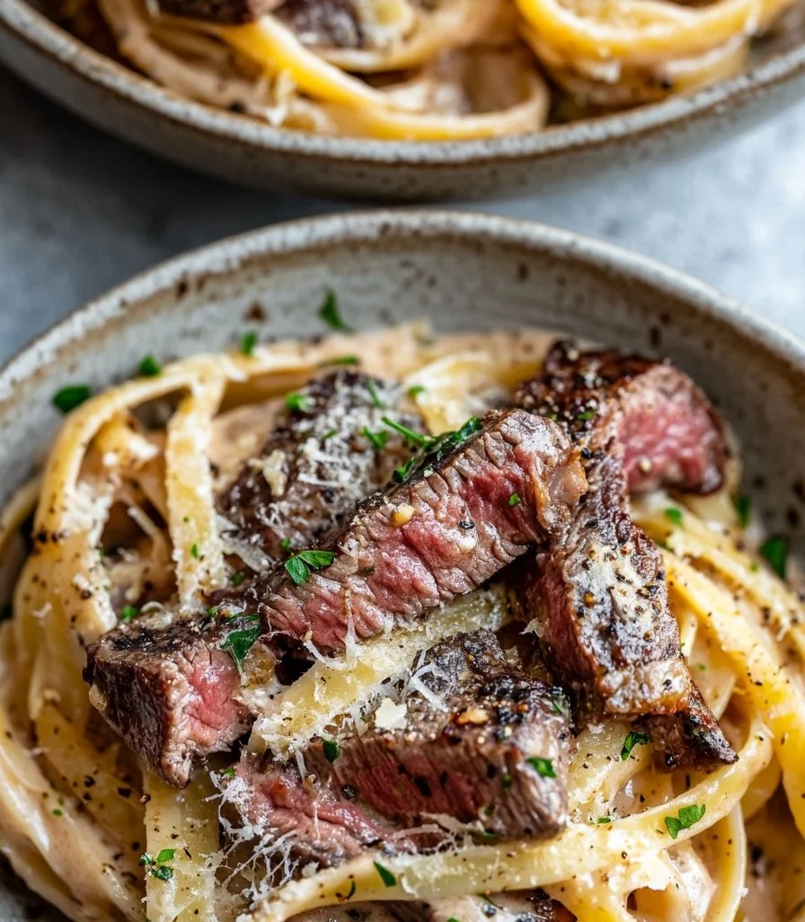Creamy Garlic Parmesan Steak Pasta served in a bowl topped with parsley.
