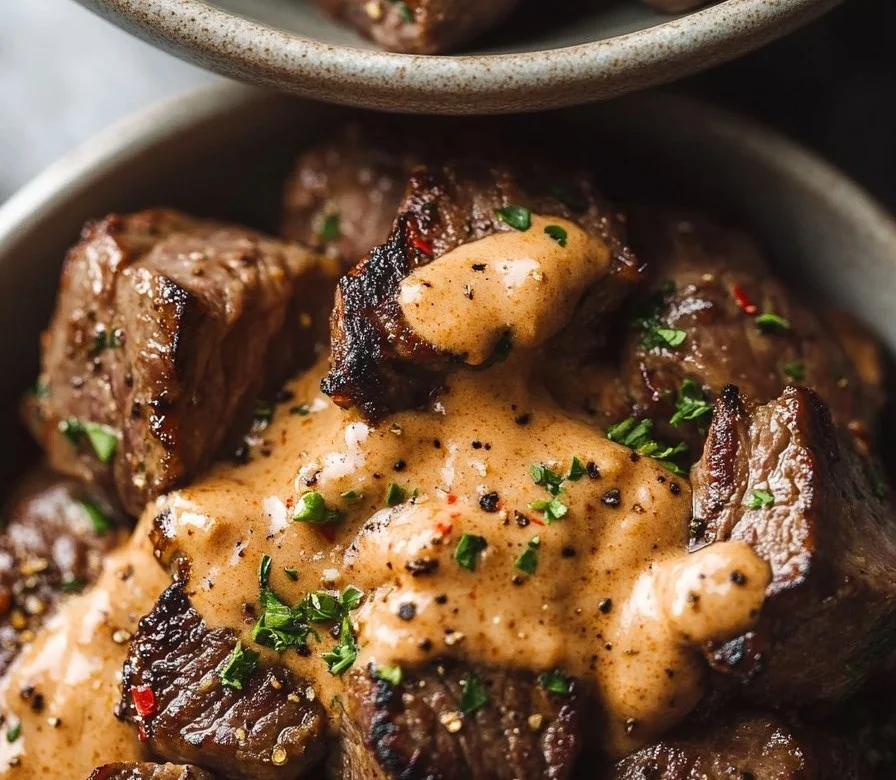 Delicious creamy garlic pepper steak bites served in a skillet