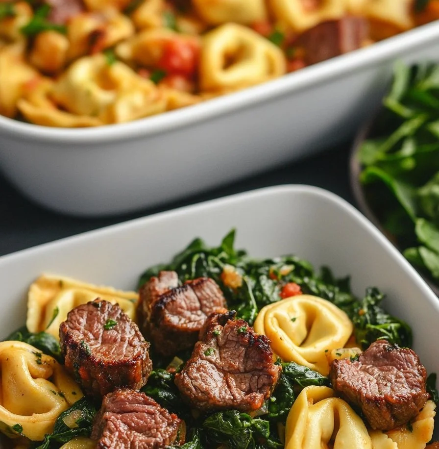 Creamy Tuscan Spinach Steak Bites served with tortellini in a delicious sauce