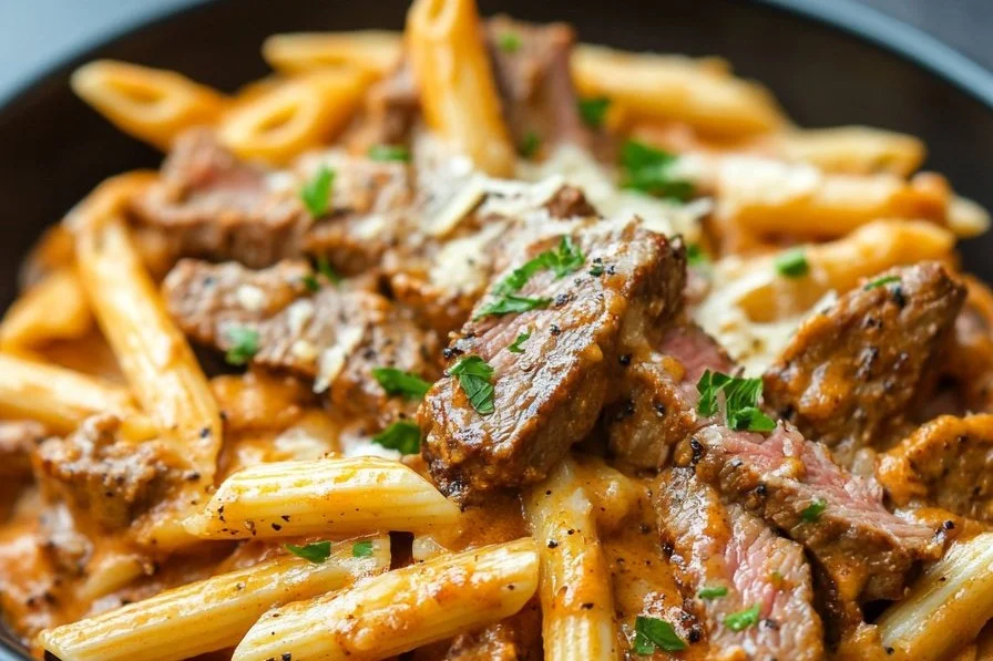 Creamy white cheddar Cajun steak penne served in a bowl with fresh herbs.
