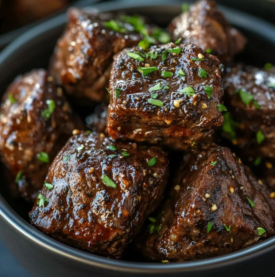Crockpot steak bites served with herbs and spices in a bowl.