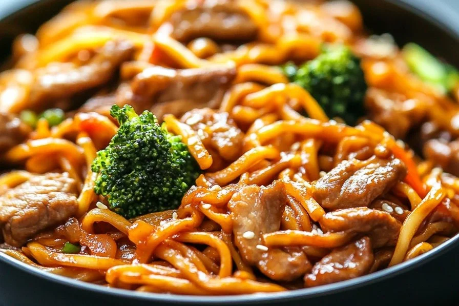 Quick and easy 15-minute Lo Mein dish with colorful vegetables and noodles.