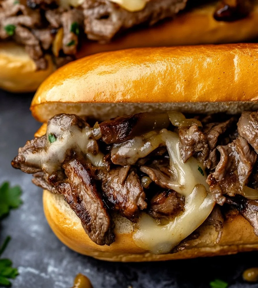 Delicious Easy Classic Philly Cheesesteak sandwich with toppings and ingredients