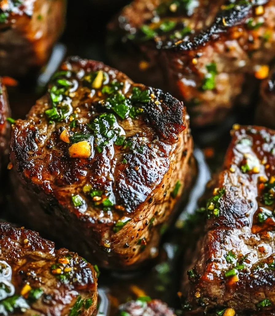 Pan seared garlic and butter steak bites on a plate