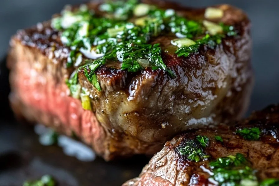 Delicious Garlic Butter Brazilian Steak on a grill plate