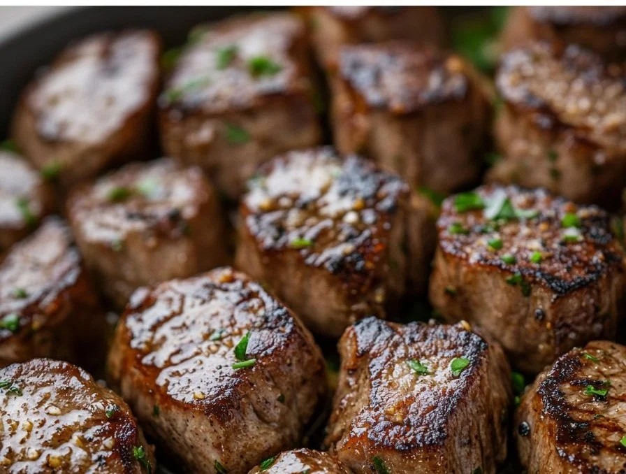 Delicious garlic butter steak bites served with fresh herbs