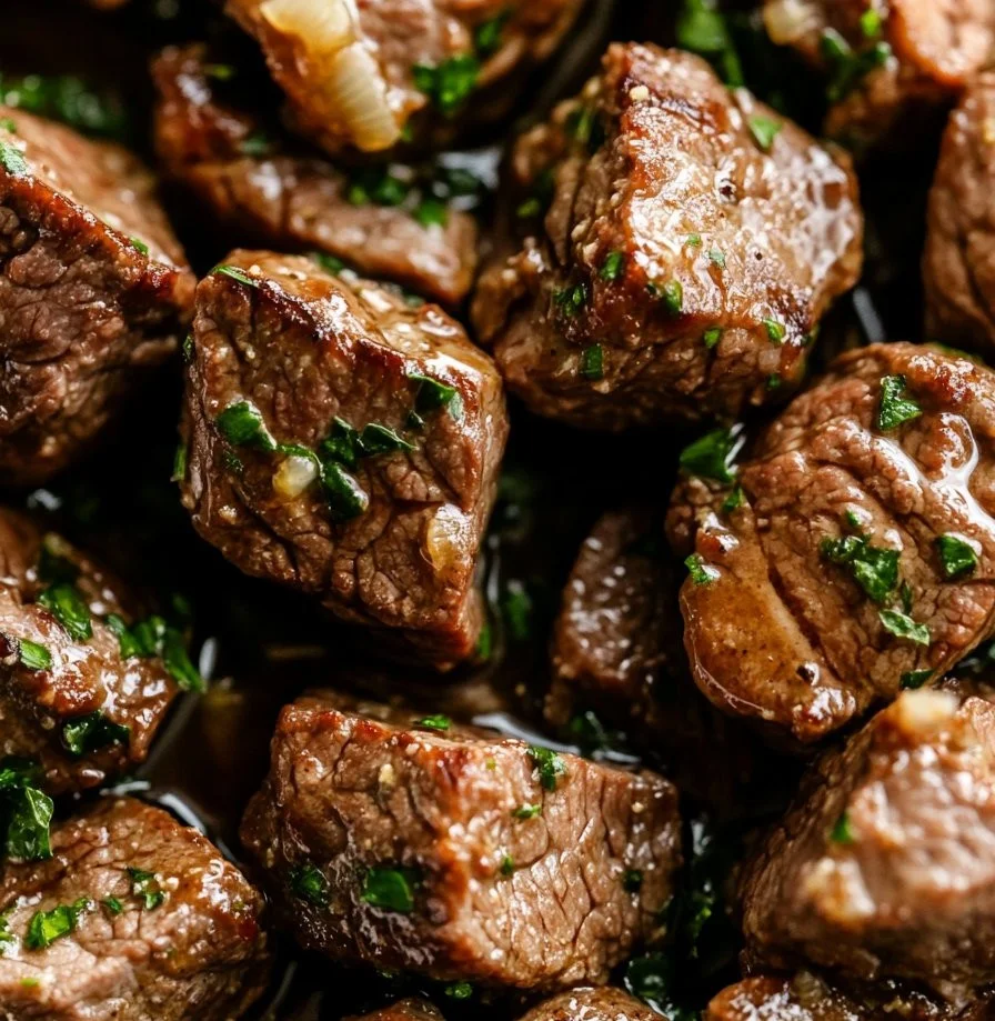 Plate of garlic butter steak bites served with vegetables
