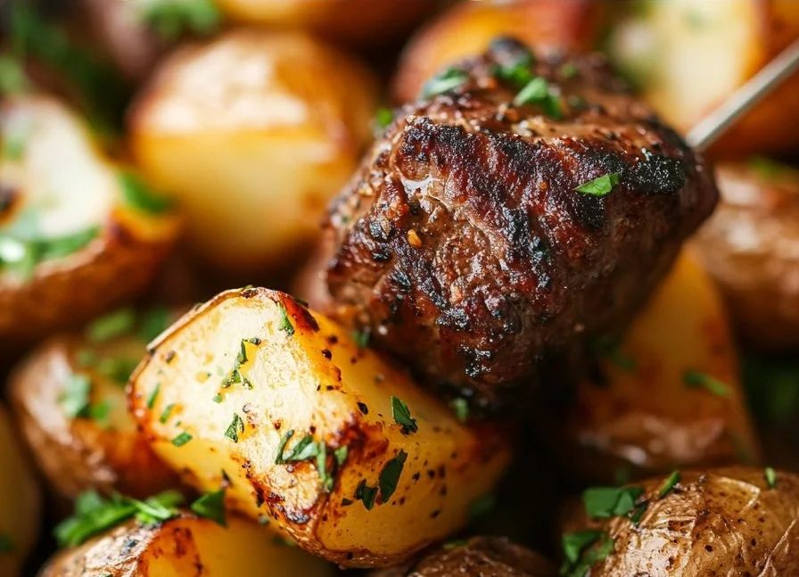Garlic Butter Steak Bites with crispy potatoes on a plate