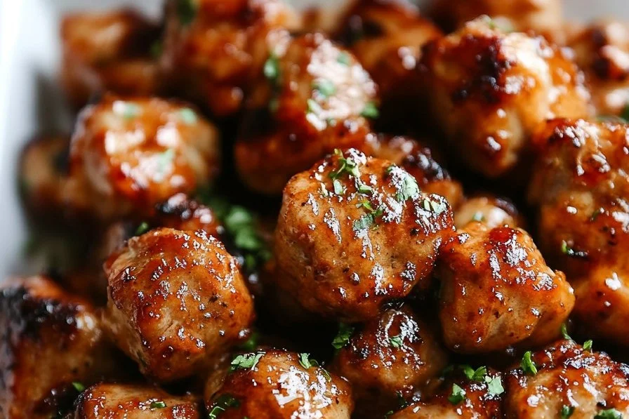 Delicious Garlic Butter Steak Bites served with Cheesy Alfredo Twists