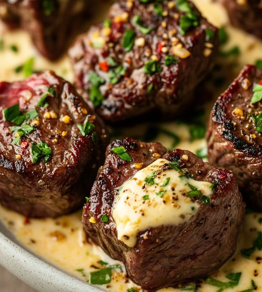 Garlic Butter Steak Bites topped with Parmesan Cream Sauce on a plate