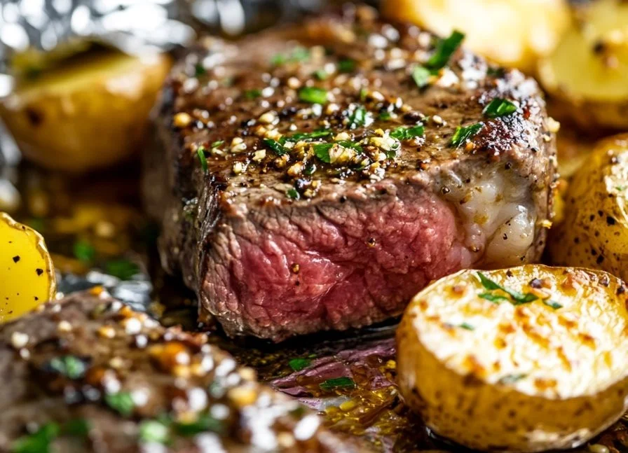 Delicious Garlic Butter Steak and Potato Foil Packs ready for grilling.