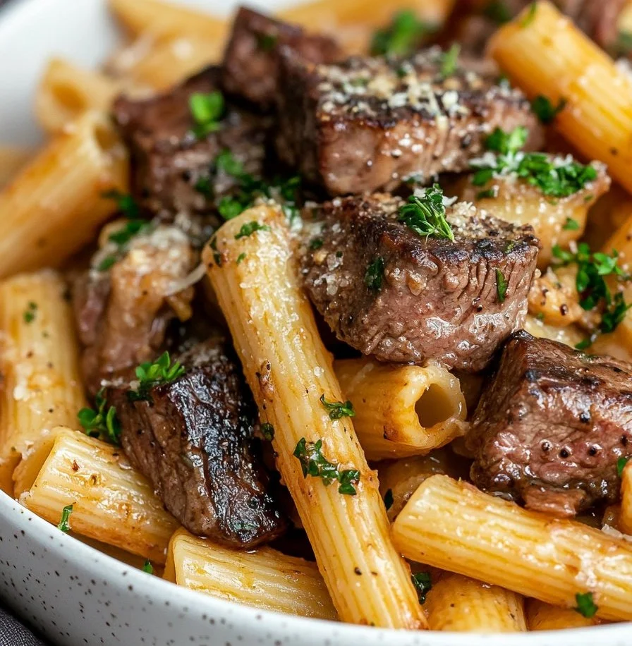Delicious Garlic Butter Steak Rigatoni served in a creamy sauce